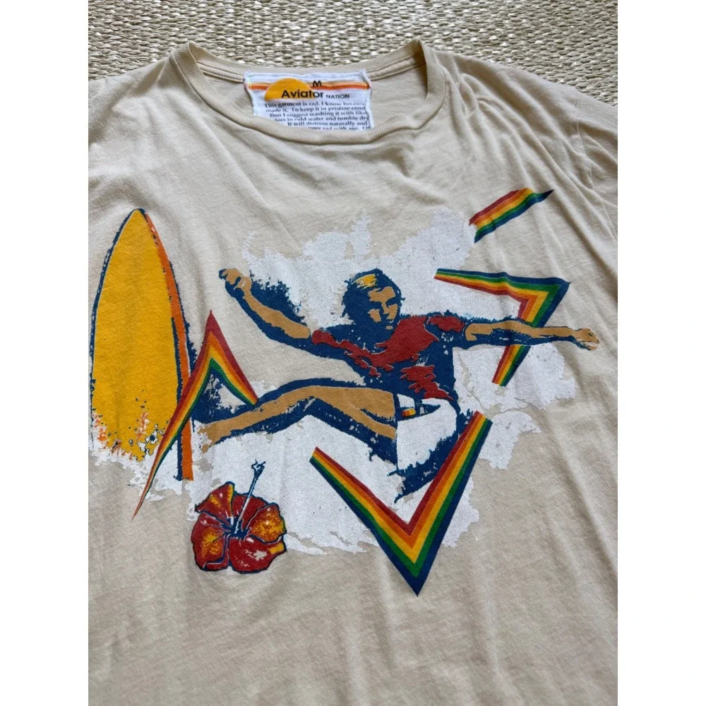 Aviator Nation Tan Rainbow Surfer Graphic T-Shirt Womens Medium Made in USA - Picture 5 of 7